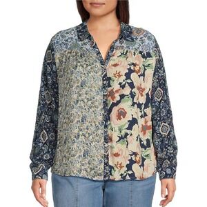 Nurture Westbound plus 1X top button up lng slv artsy boho floral collar peasant